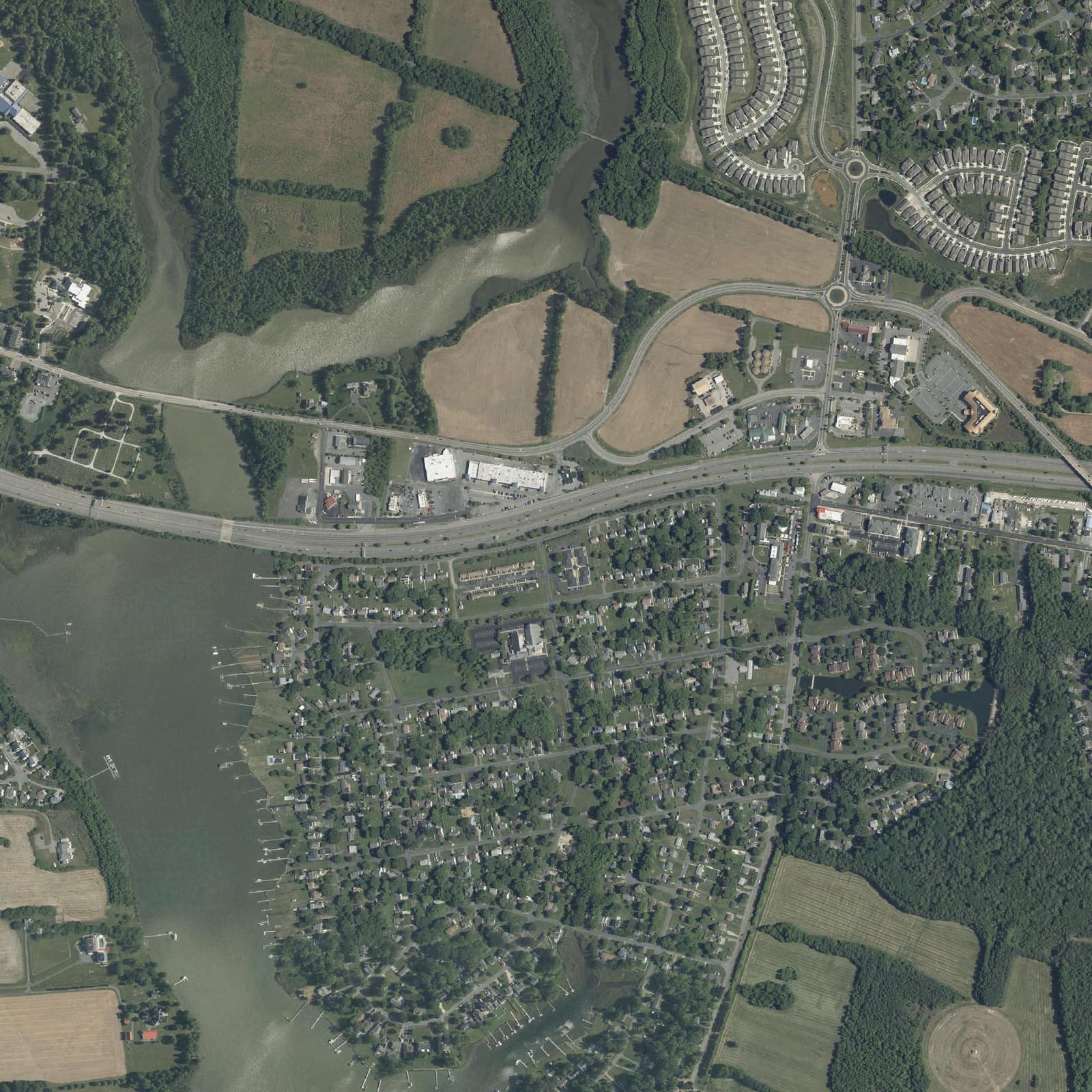 Aerial view of the neighborhood around Stevensville Village Apartments