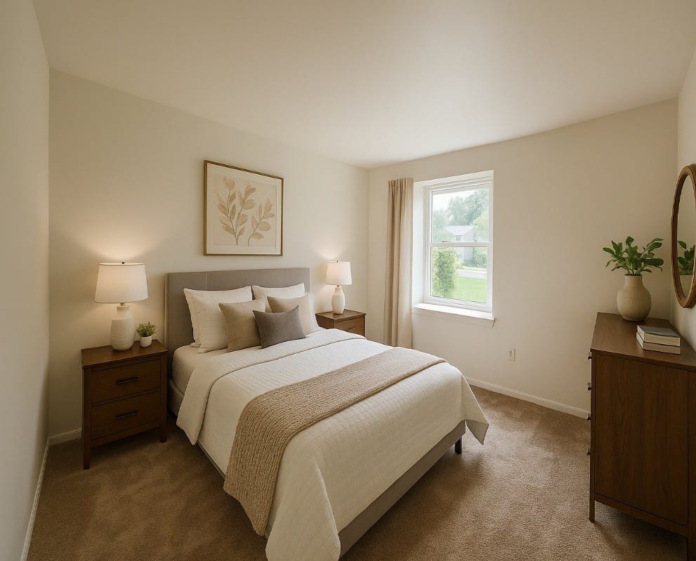 A carpeted bedroom at Stevensville Village with a queen bed, two nightstands, a dresser, and a window looking out to greenery