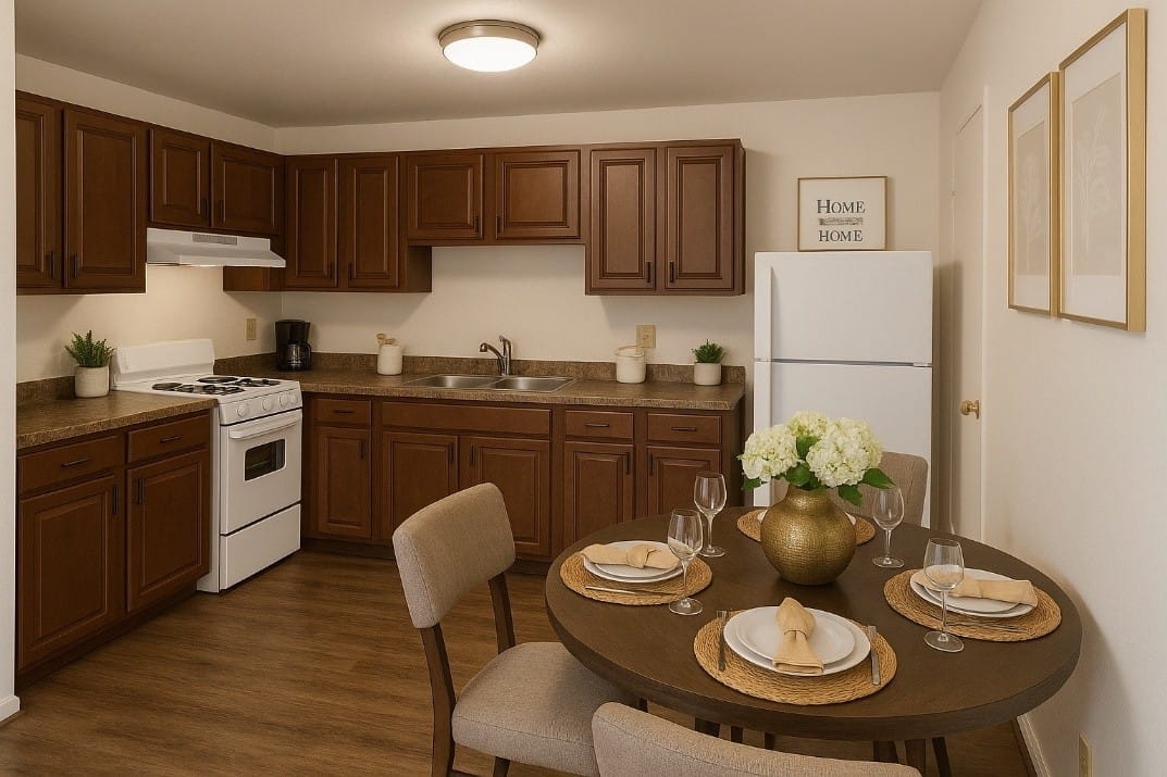 An eat-in kitchen at Stevensville Village with dark wood cabinets, a white gas range and refrigerator, and a round dining table set for a meal