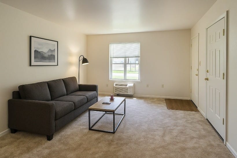 A carpeted living room at Stevensville Village with a sofa, a coffee table, a window, and a through-wall heating and cooling unit
