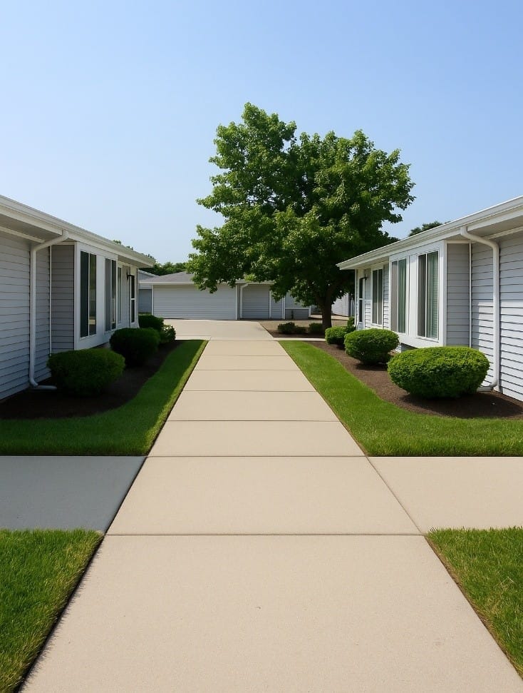 A wide concrete walkway running between two single-story Stevensville Village buildings with gray siding, trimmed shrubs, and a large shade tree, with carports beyond